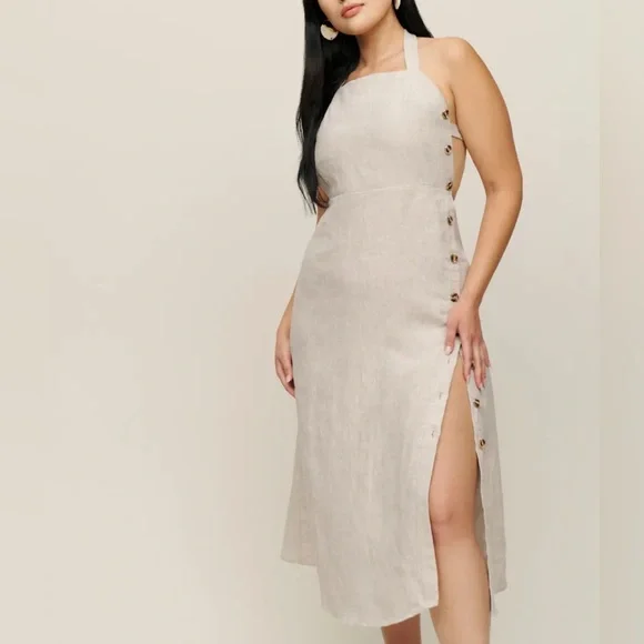 Reformation Beige Halter Midi Dress with Side Buttons - Picture 1 of 10